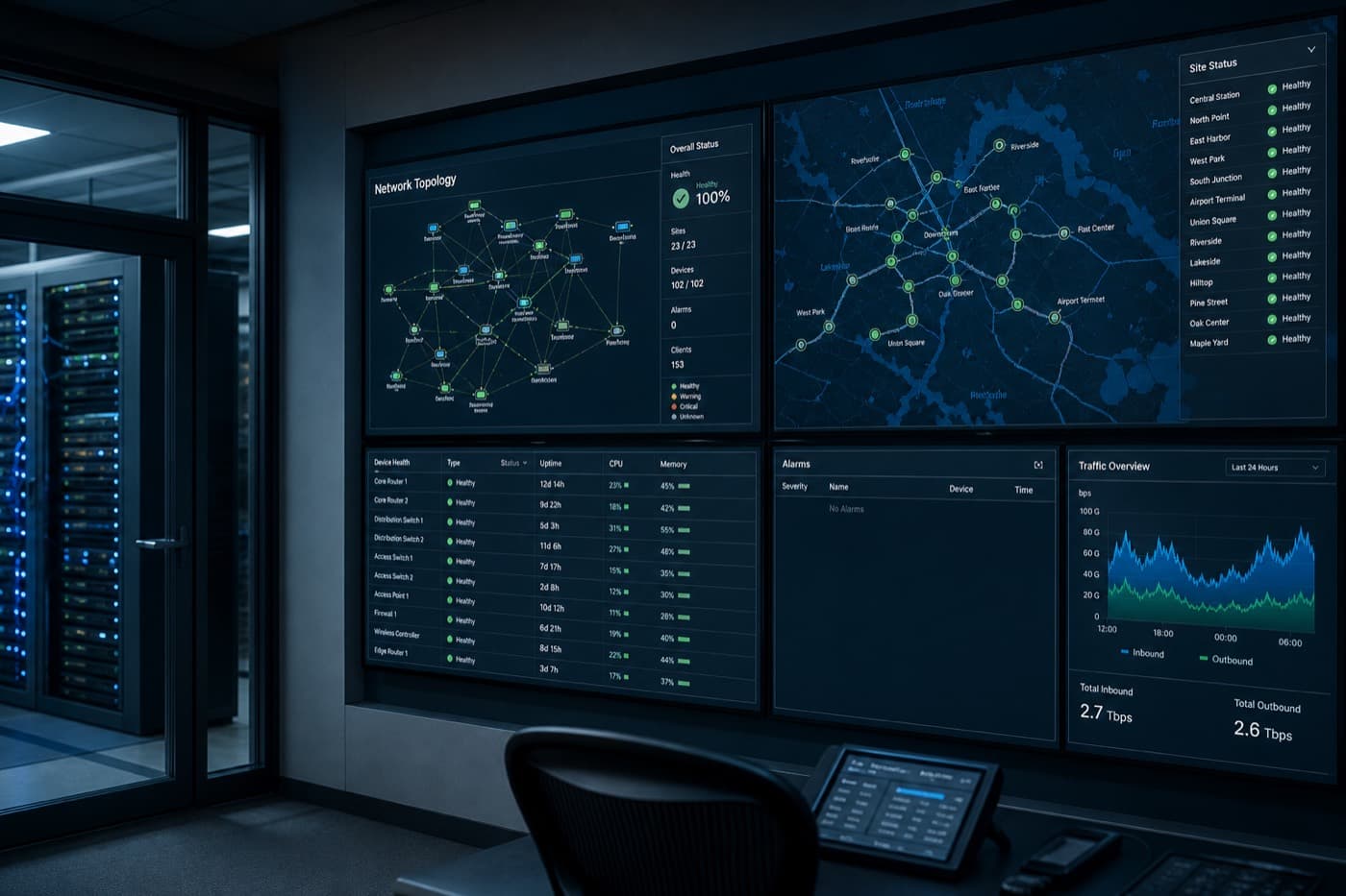 Transit network operations center with device health maps and infrastructure status monitors