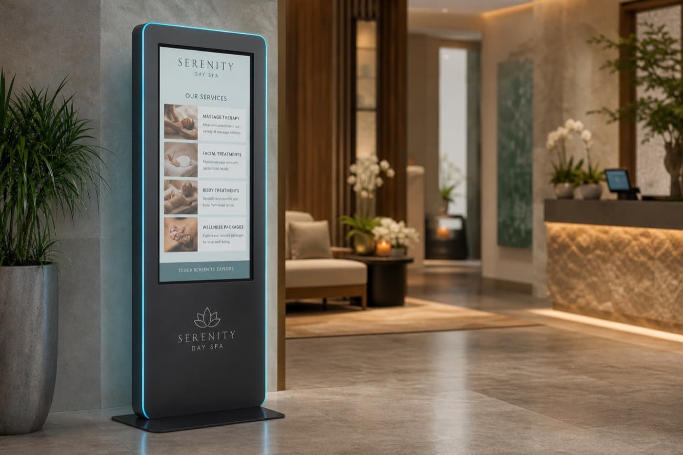 Elegant Regentum kiosk in a day spa lobby displaying spa services