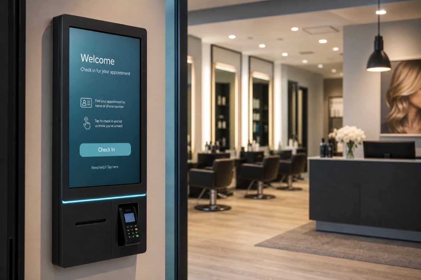 Regentum kiosk at a salon reception desk for appointment check-in