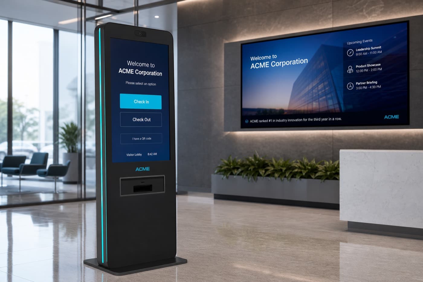 Secure lobby visitor kiosk running a locked AetherGuard guest experience